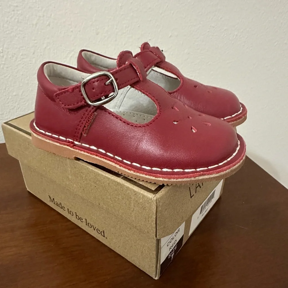 L'Amour Red T-Strap Kids Leather Shoes